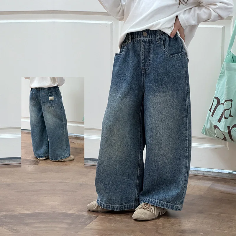 【KID】ウォッシュ加工ワイドシルエットデニムパンツ
