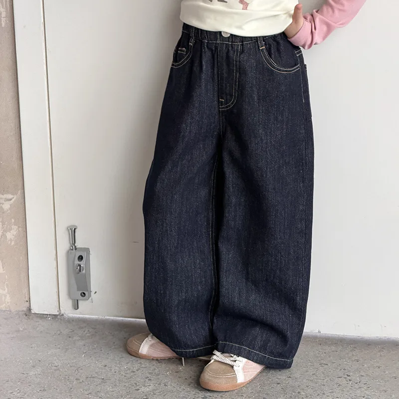 ダークデニム配色ステッチロングパンツ