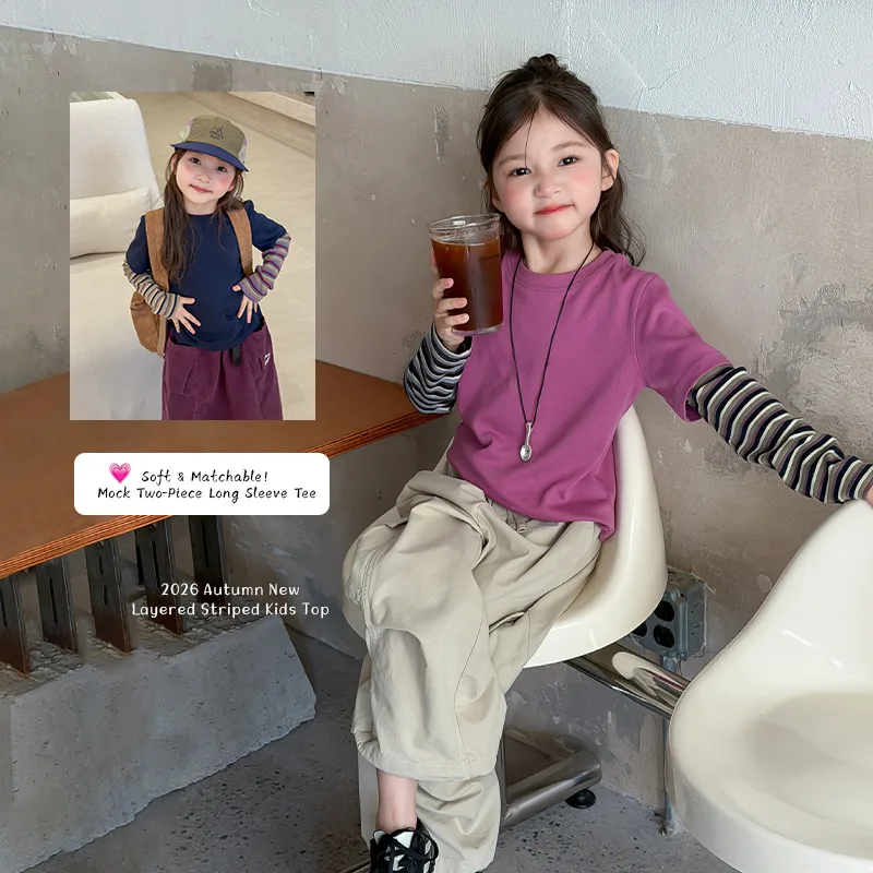 配色ストライプレイヤード長袖Tシャツ