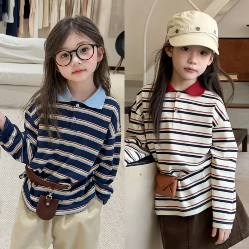 【KID】ストライプ襟付き長袖ポロシャツ
