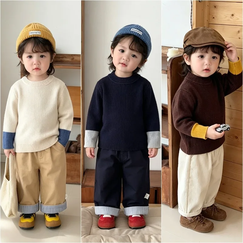 【BABY】カラーブロック袖口ニット長袖Tシャツ