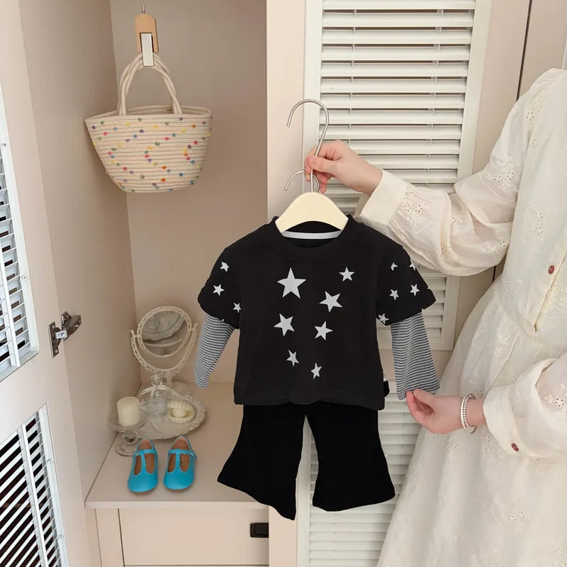 星柄重ね着風ストライプ袖Tシャツ