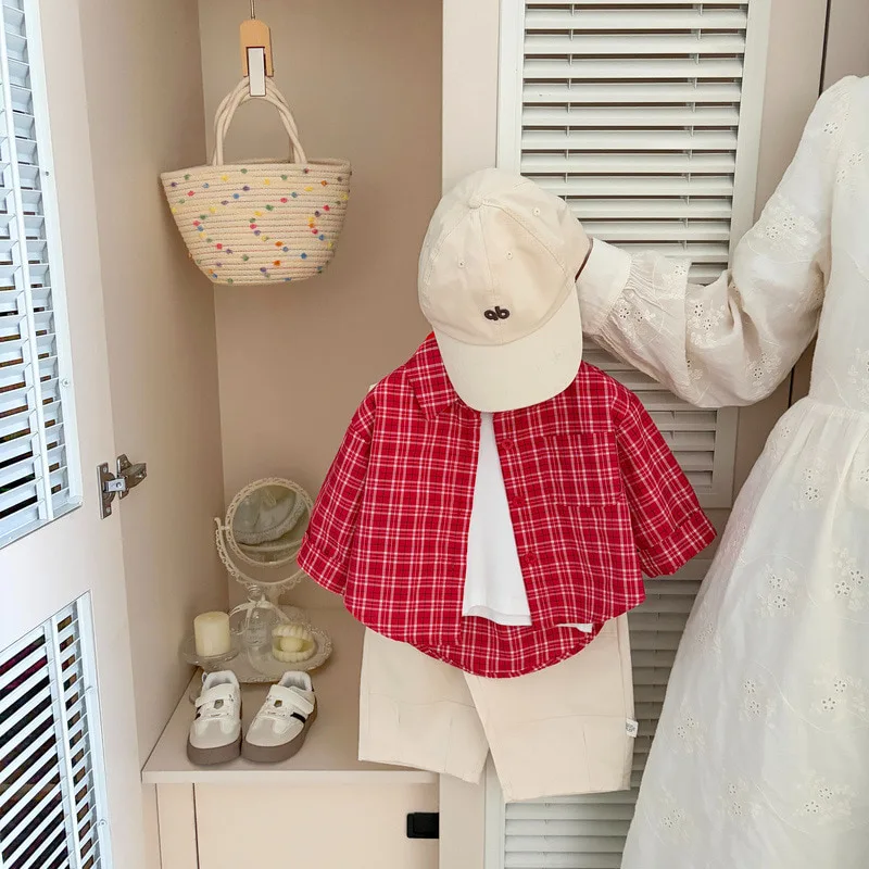 【BABY】レッドチェック前後差キッズ長袖シャツ