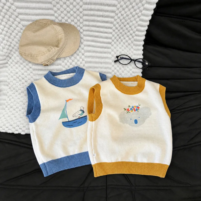 【BABY】カートゥーン柄配色ニットベスト