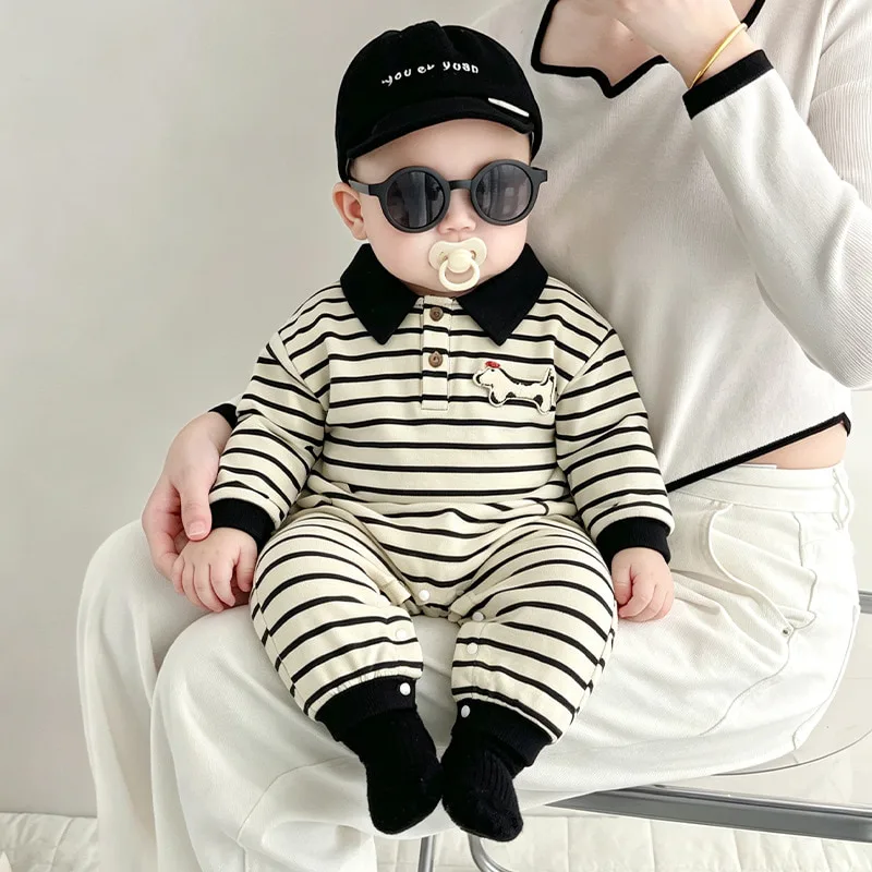 【BABY】ストライプポロ襟ワンポイントロンパース