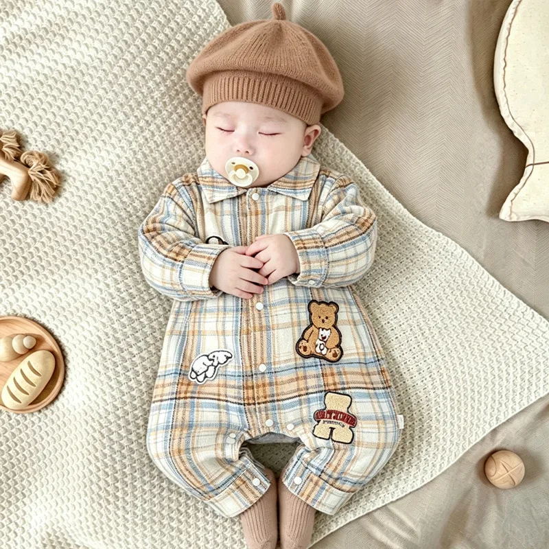 【BABY】くまチェック長袖ベビーロンパース