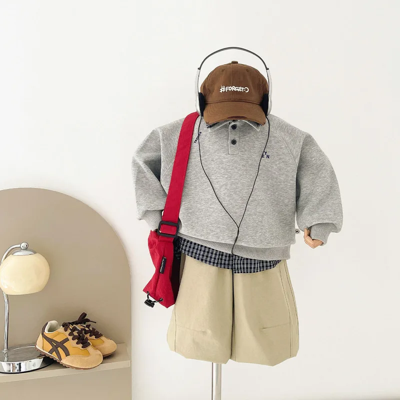 グレーチェックレイヤードポロトップス