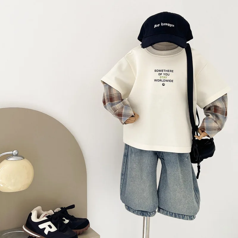 チェック袖レイヤード風英字Tシャツ