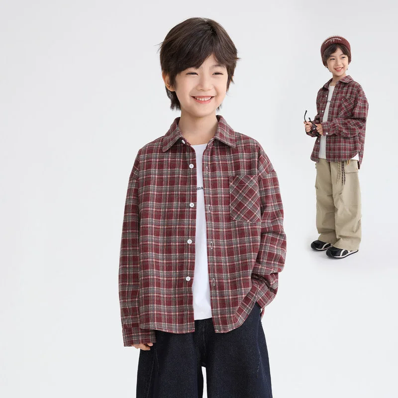 【KID】レッドチェック柄襟付き長袖シャツ