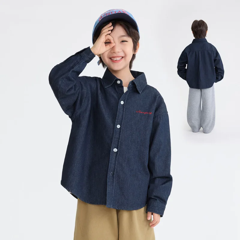 デニム襟付きボタン長袖シャツ