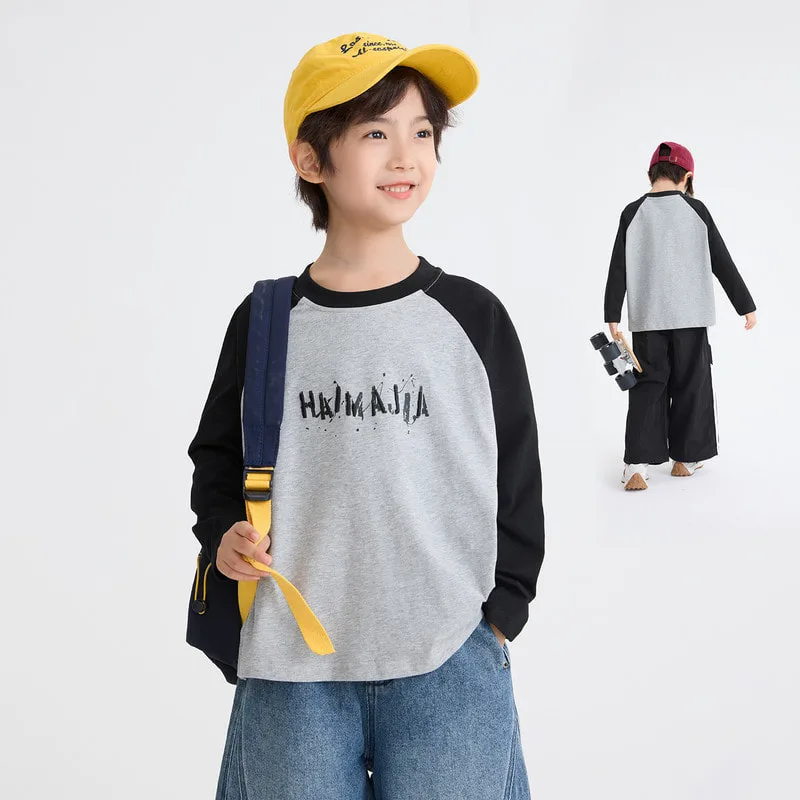 【KID】グレー配色英字プリントラグラン長袖Tシャツ
