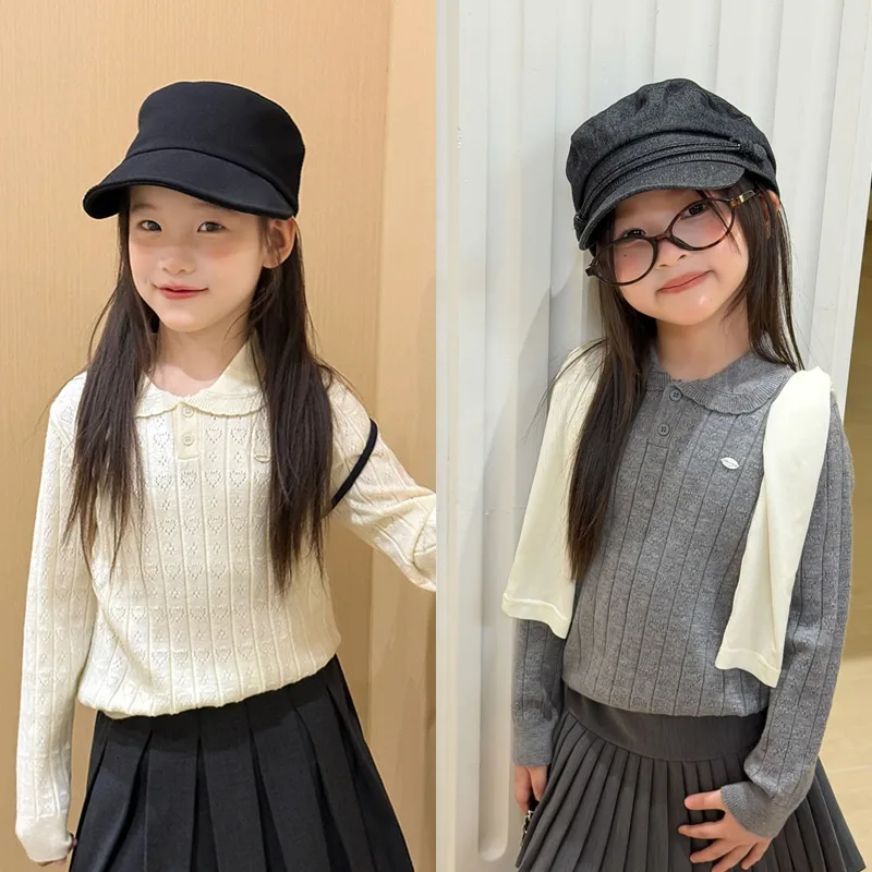 【KID】ハート柄襟付き長袖ニットTシャツ