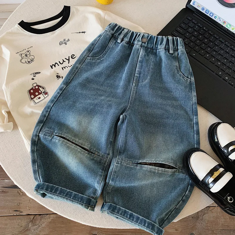 【KID】ひざスリットデニムロングパンツ
