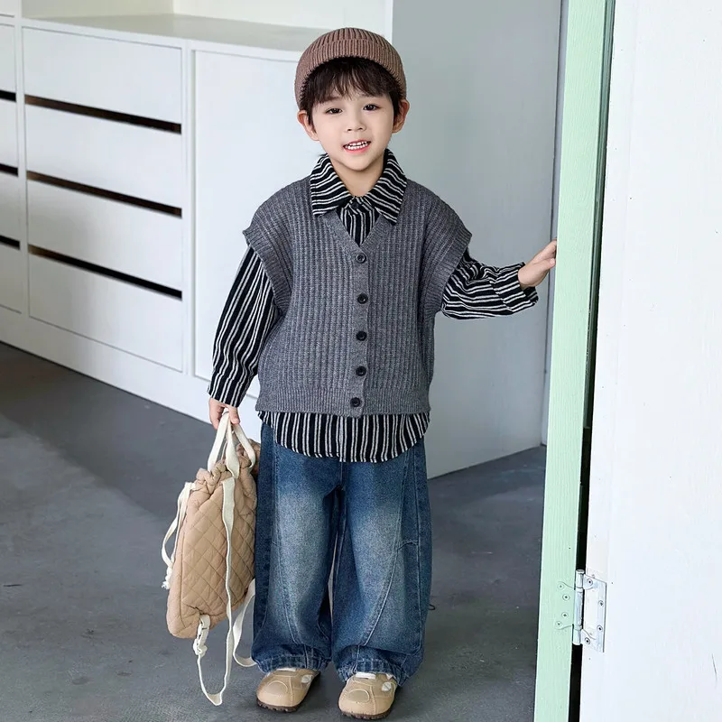 ブラックストライプシャツベストパンツセット
