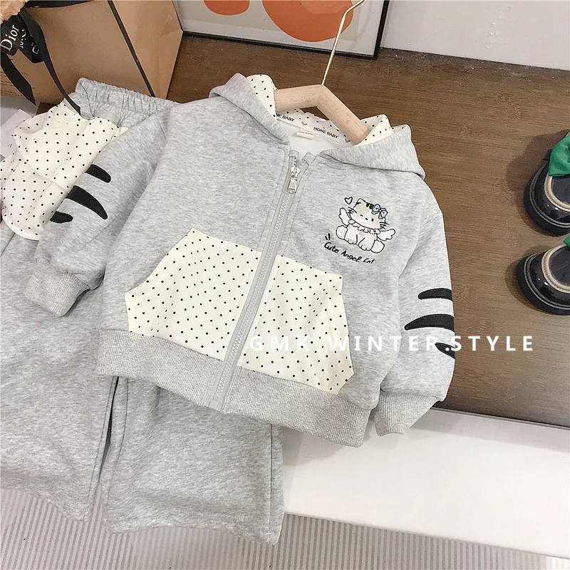 【セット】ねこ柄グレーパーカー上下セット