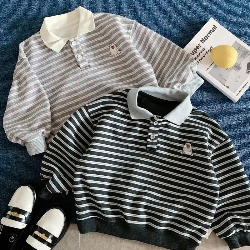 【KID】くまワンポイントストライプポロTシャツ