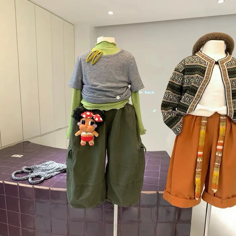 【リンクコーデ】ストライプ半袖Tシャツセット／グリーンパンツ