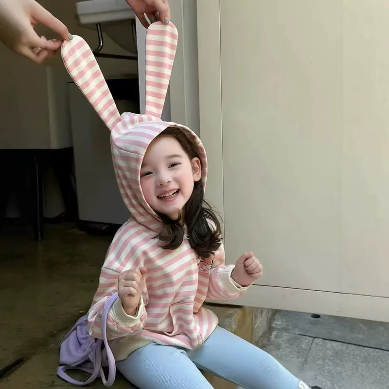 【KID】うさぎ耳ピンクストライプフードジップパーカー