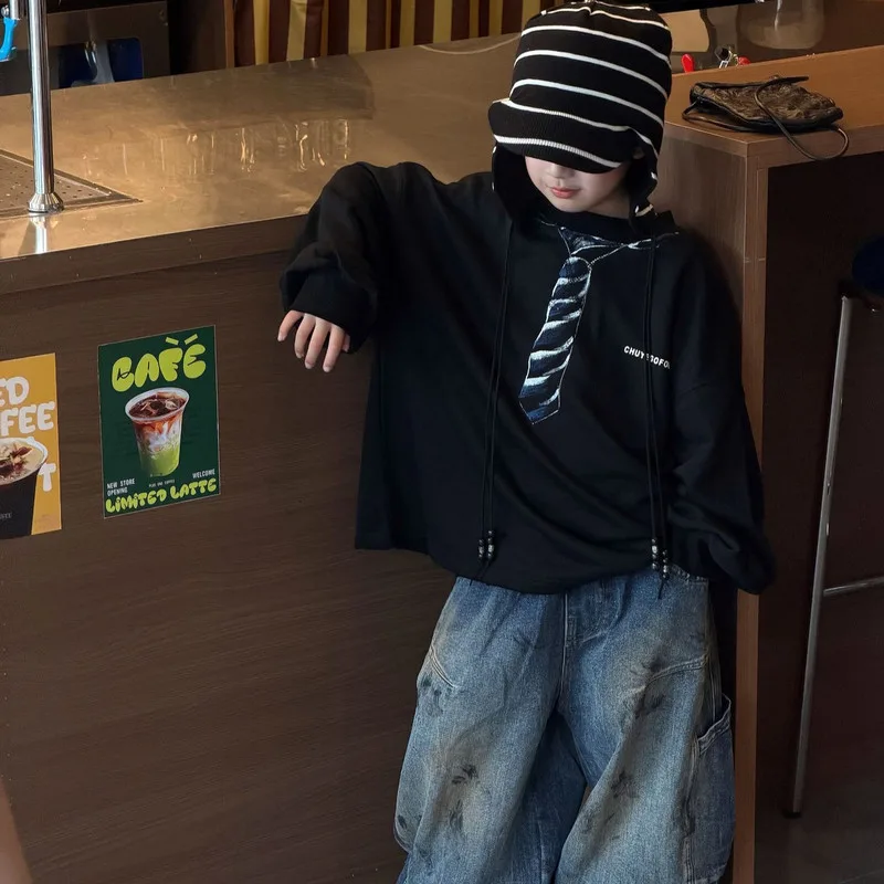 【KID】ブラックネクタイデザイン長袖Tシャツ