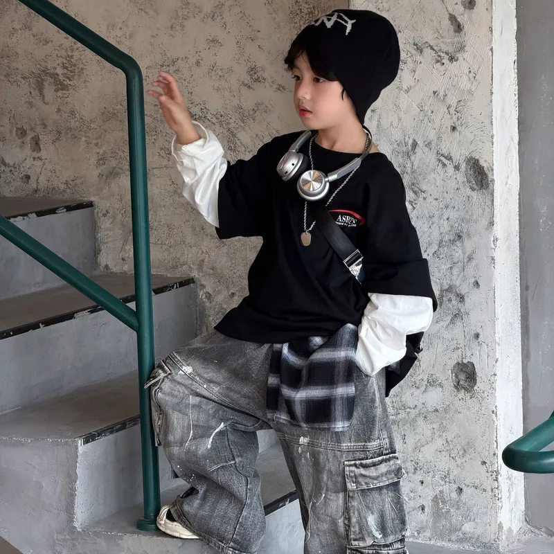 【KID】ブラックレイヤード風ロゴ長袖Tシャツ