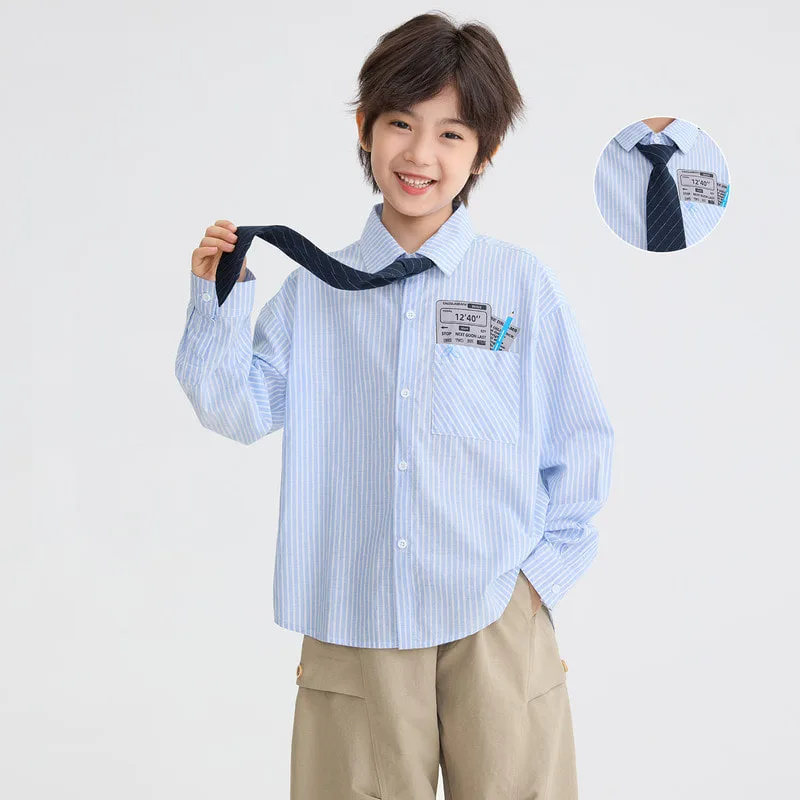 【KID】ブルーストライプポケット付き長袖シャツ