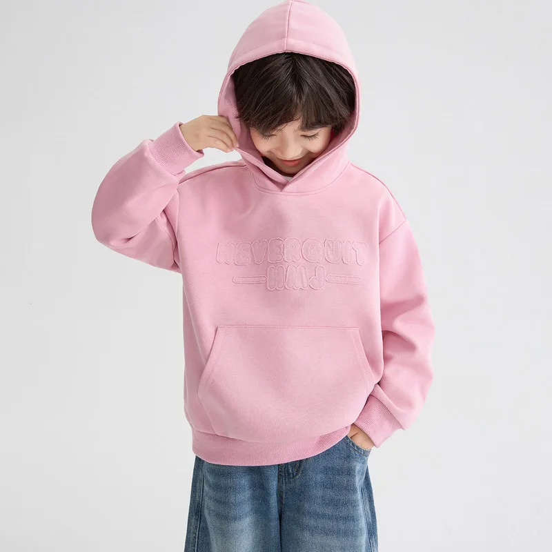 【KID】ピンク英字デザインフード付きトレーナー