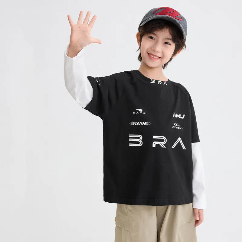 【KID】英字ロゴ重ね着風フェイクレイヤード長袖Tシャツ