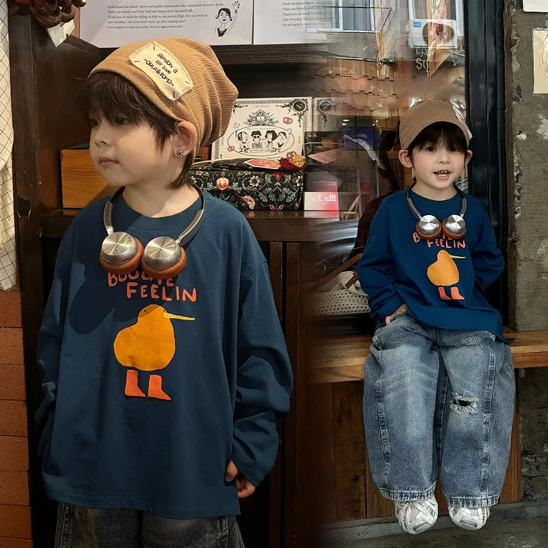 【KID】ネイビーロングリブバードプリント長袖Tシャツ