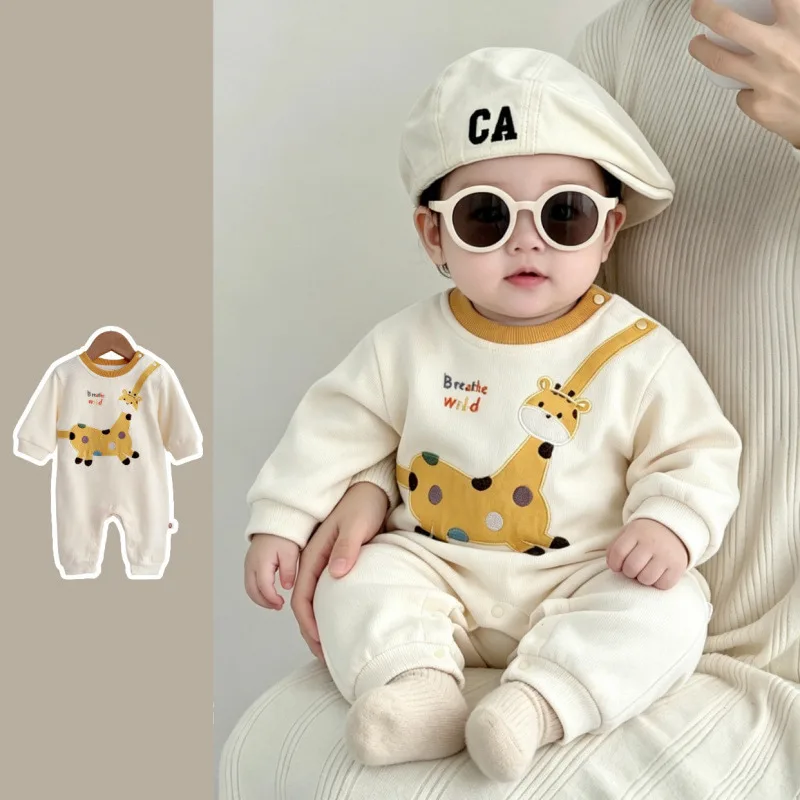 【BABY】ワイルドチェスキリン柄長袖ロンパース