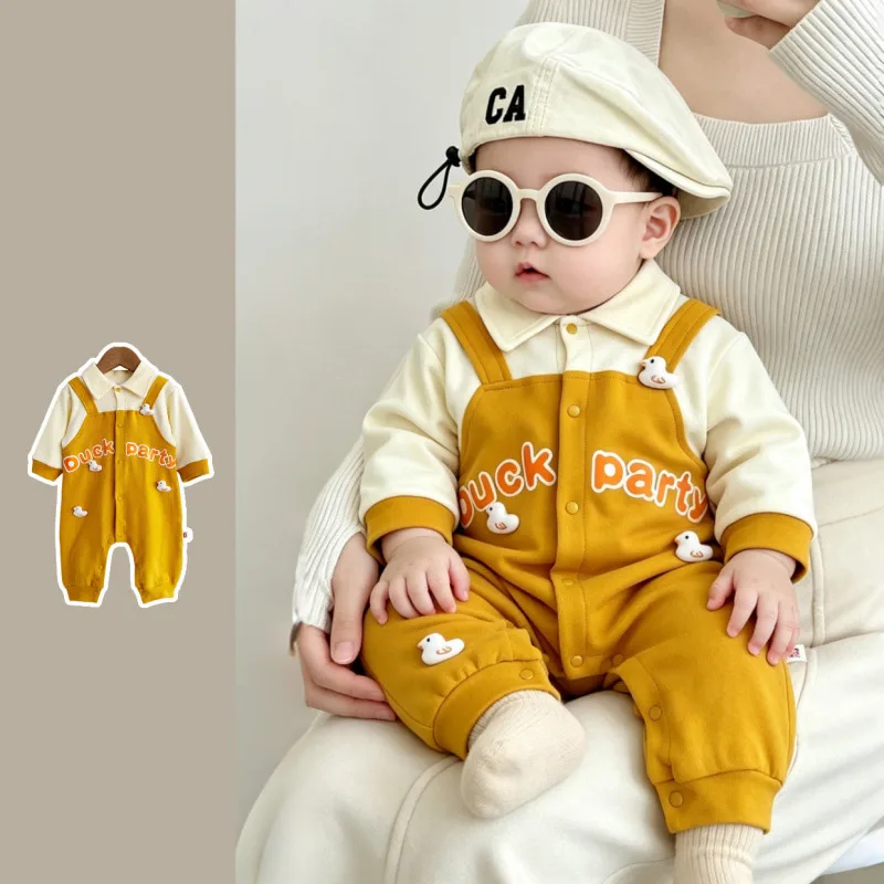 【BABY】イエローアヒルオーバーオールロンパース