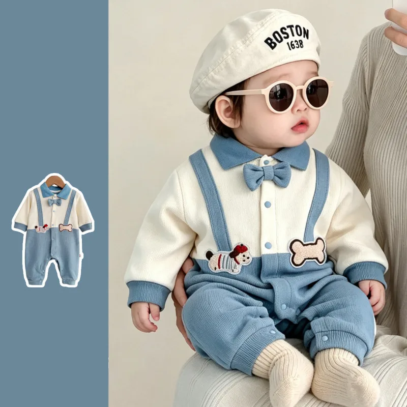 【BABY】ブルーサスペンダー犬モチーフロンパース