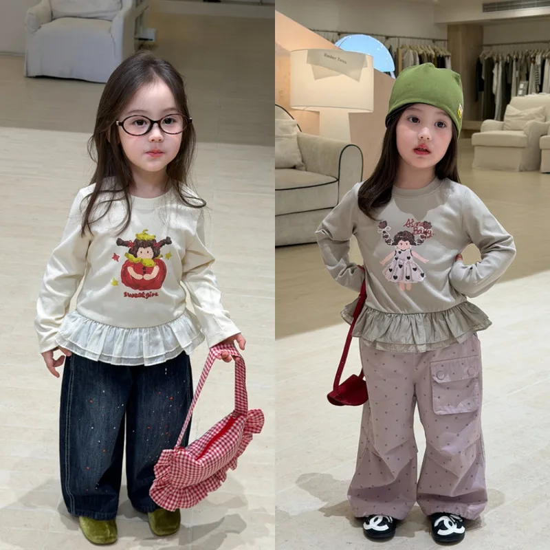【KID】ガールズイラストフリル裾長袖Tシャツ