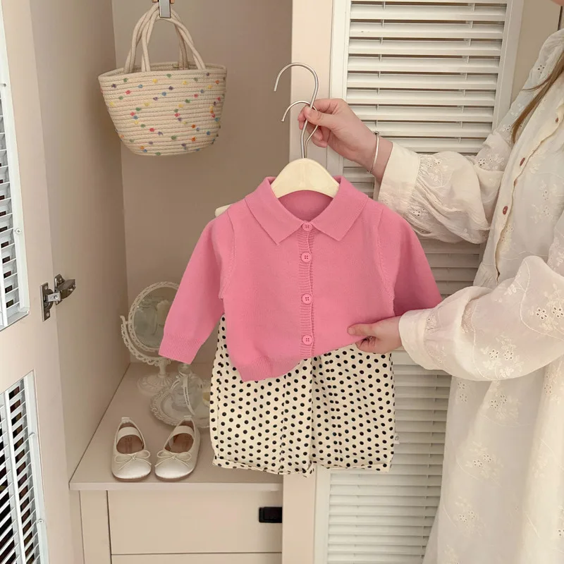 【BABY】ピンクポロカラー長袖ニットカーディガン