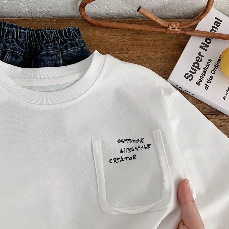 【KID】英字ポケットクルーネック長袖Tシャツ