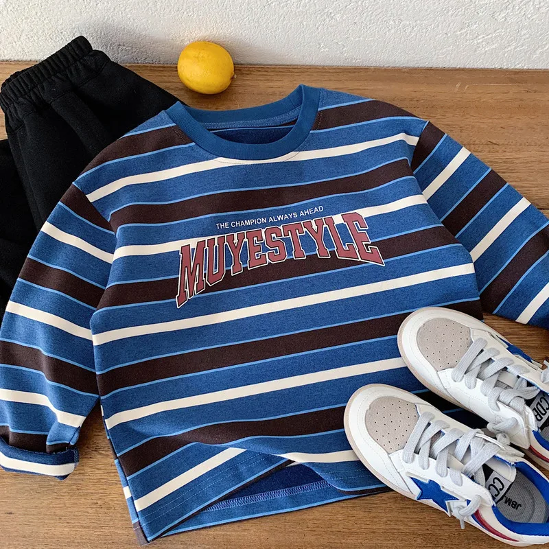 【KID】ブルーストライプ英字ロゴ長袖Tシャツ