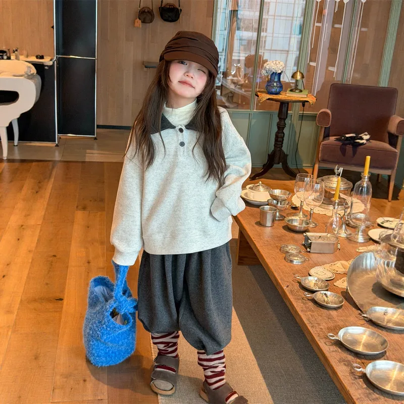 【KID】配色カラーデザイン長袖ポロトップス