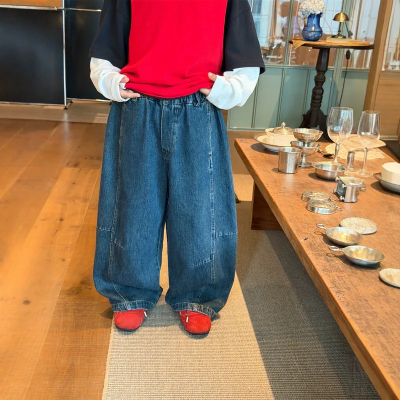 【KID】サイドギャザー入りワイドデニムパンツ