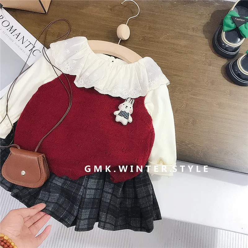 フリル襟トップスベストチェック柄スカートセット