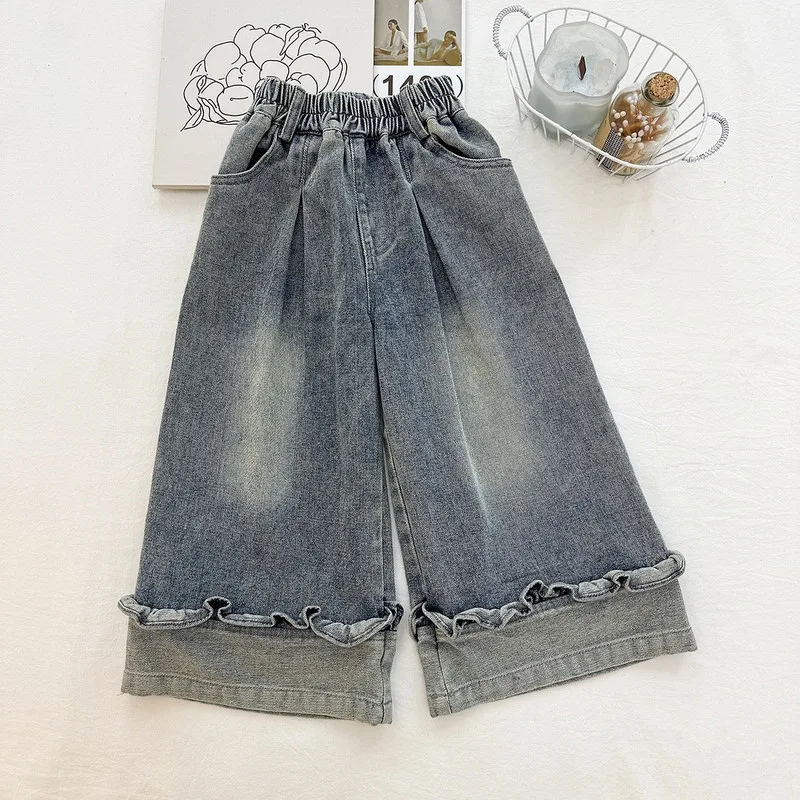 【KID】ウォッシュ加工フリル裾ワイドデニムパンツ