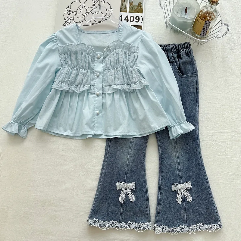 【セット】リボンレース付きブラウスデニムパンツセット