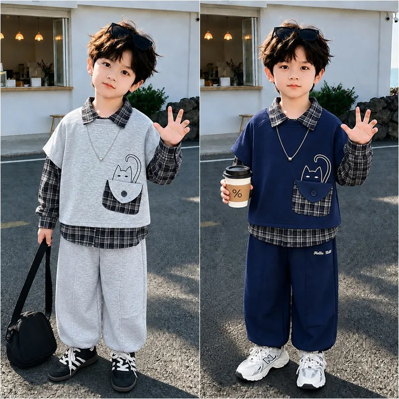 キャットチェックシャツベストパンツ3点セット