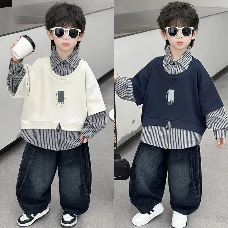 【セット】ストライプシャツ重ね着風ワイドパンツセット