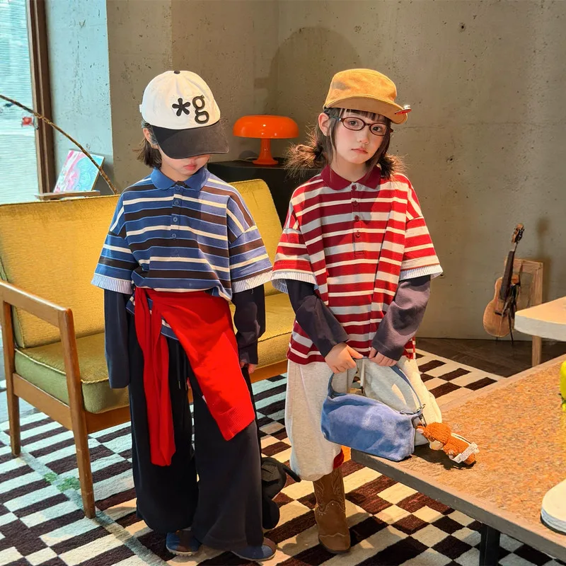 【KID】ストライプポロカラー半袖Tシャツ