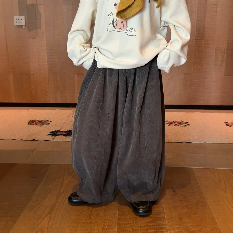 【KID】グレーコーデュロイゆったり九分丈パンツ