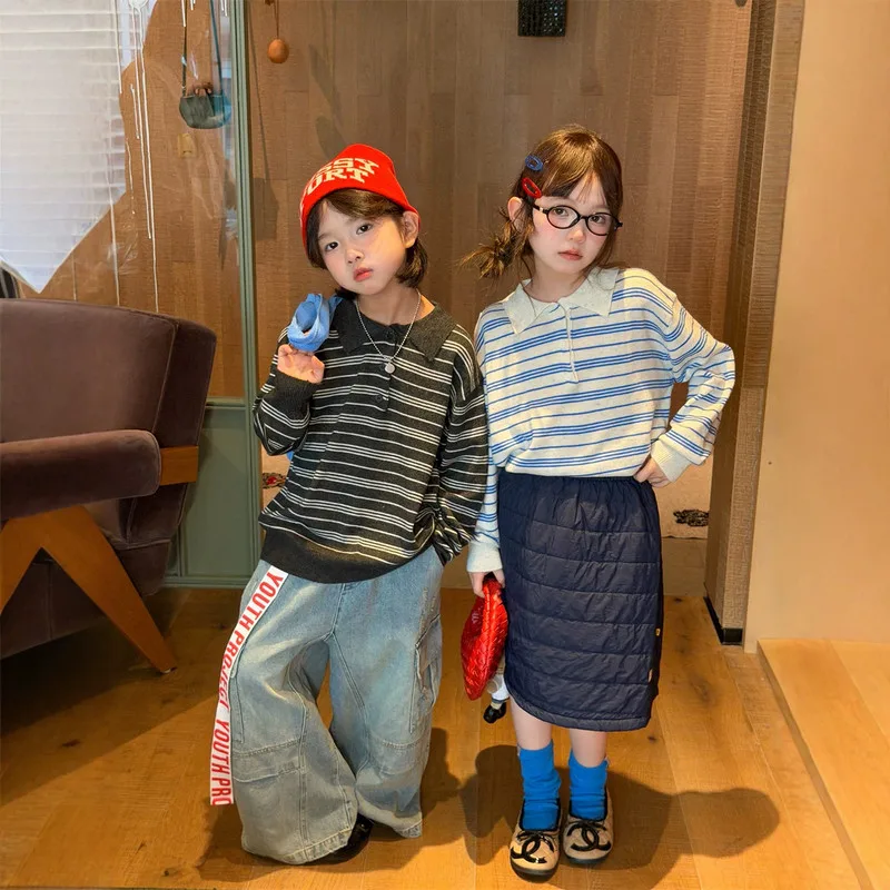 【KID】ストライプポロニット長袖トップス