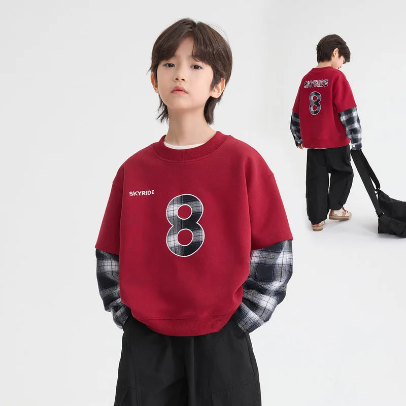 【KID】ナンバー8チェック袖レイヤードTシャツ