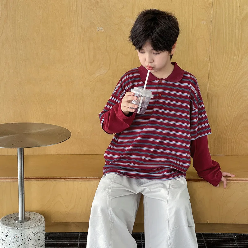 【KID】ワインレッドストライプ長袖ポロTシャツ