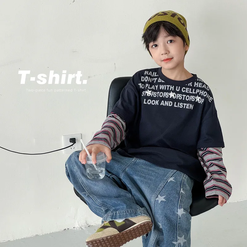 【KID】ストライプ袖レイヤード風英字プリントTシャツ