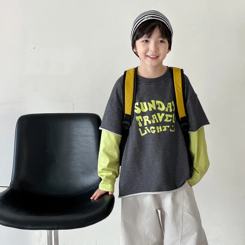 【KID】英字プリント重ね着風ロングTシャツ