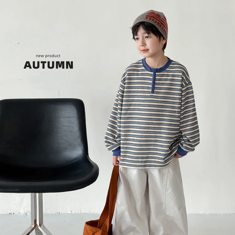 【KID】配色ハーフジップストライプ長袖Tシャツ
